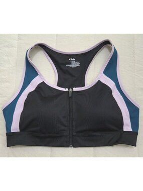 FILA Medium Impact Zip-Front Racerback Sports Bra Women's L Black/Lavender/Teal